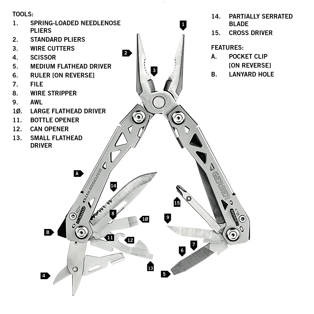 Gerber Suspension NXT 15-in-1 Multitool Pliers, EDC Knife, Stainless Steel