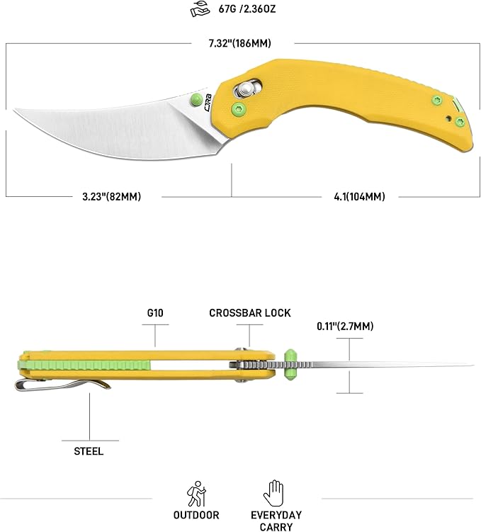 CJRB Nanner Folding Knife, 3.23" AR-RPM9 Steel Blade G10 Handle Pocket Knife for Men Women, Crossbar Lock EDC Knife for Camping Hiking, Designed by Dustin Rhodes(J1955 Yellow)