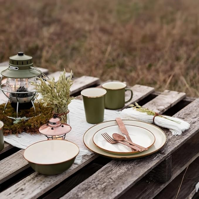 Barebones 2-Tone Deep Plate - Set of 2, 11 inch Dinner Plates - Enamelware Plates - Durable Kitchen or Camping Plate (Olive Drab)