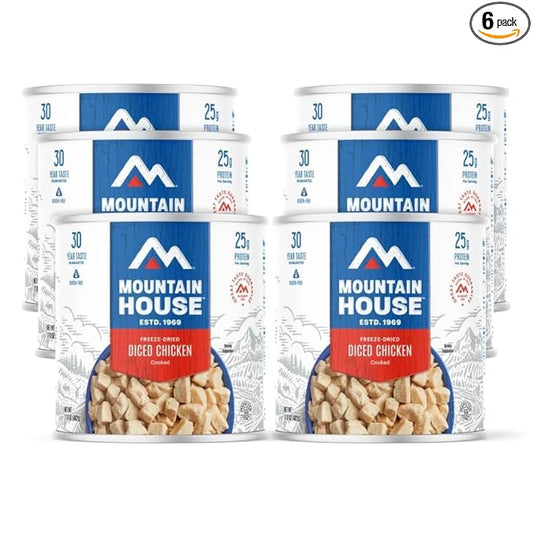 Mountain House Freeze-Dried Cooked Diced Chicken #10 Can ??Dairy-Free, Gluten-Free ??14 Servings per Can ??30-Year Taste Guarantee ??Emergency, Survival, Camping & Backpacking Food ??Long-Term Storage ??Pack of 6