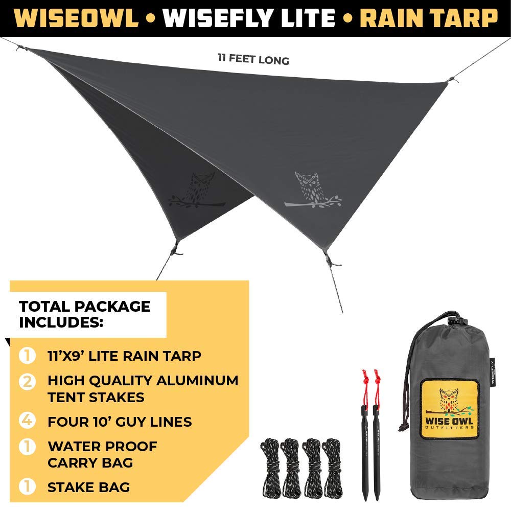 Wise Owl Outfitters Hammock Rain Fly – Waterproof Camping Tarp Cover with Tent Stakes & Carry Bag
