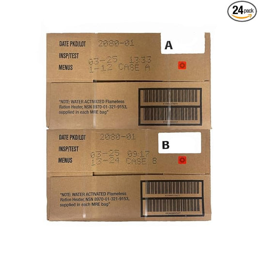 A and B bundle cases 2025, 2026 inspection. Meals Ready to Eat Genuine Military US surplus emergency food bulk supply full box with heater