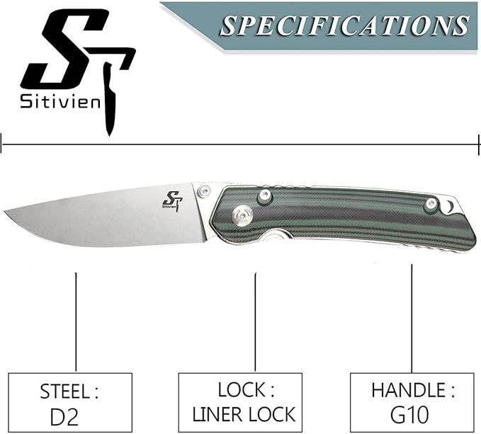 Sitivien ST128 Folding Knife,D2 Blade G10 Handle Safety Liner Lock EDC Tool Knife for Outdoor Hiking Camping-Green