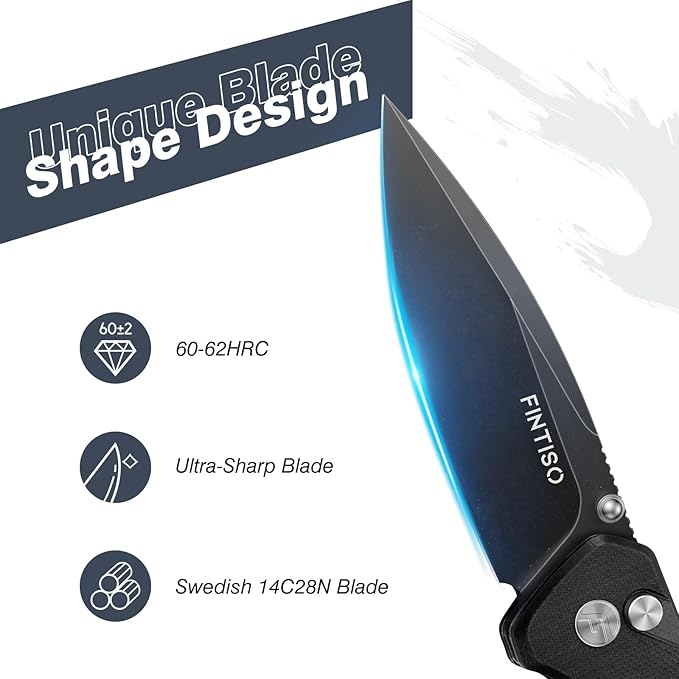 FINTISO Pocket Knife, 3" 14C28N Steel Blade G10 Handle Small EDC knife with Button Lock, Sharp Folding Knife with Pocket Clip for Camping, Survival,Hiking,traveling