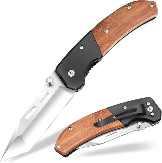 Harita Pocket Knife for Men, Folding Utility with Pocket Clip, Wood Handle EDC for Women with 3.4″ Sliver Steel Blade, Camping Knife, Hunting, Hiking - Father's Day Gift (Sliver, 3.4 inch Classic Blade)