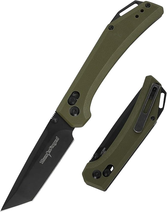 ThundeForged Camping Folding Knife - EDC Folding Knife with Crossbar Lock, 14C28N Steel Blade,Green G10 Handle Lightweight Tactical Pocket Knife for Camping Outdoor Survival Hiking