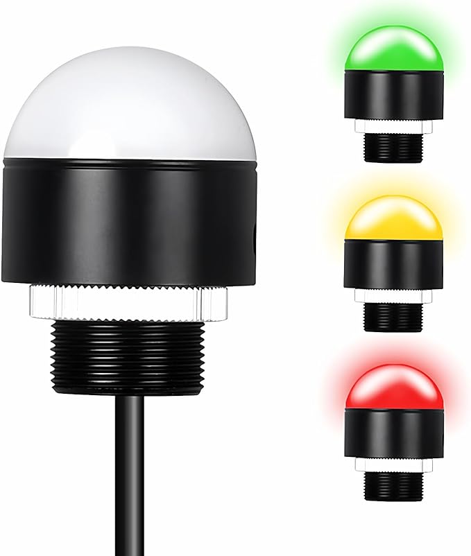 Industrial Warning Light with Buzzer, 24V Steady Tower Signal Lamp, Waterproof 3 Color Stack Light 50mm, Machine Status Indicator for Factory and Automation