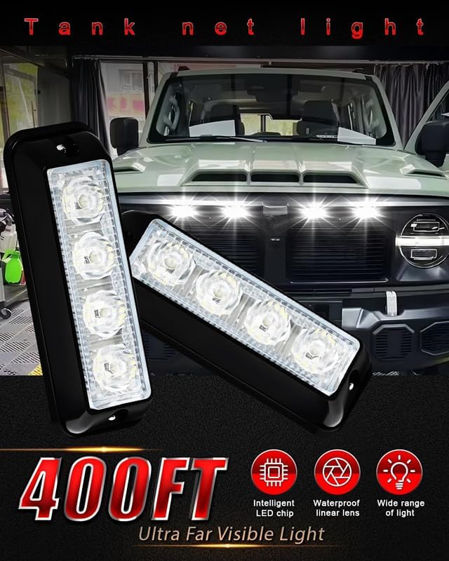 YM E-Bright 2-Pack White 4 LED Car Flash Light DRL Truck Warning Caution Emergency Construction Strobe Light DC 12V-24V