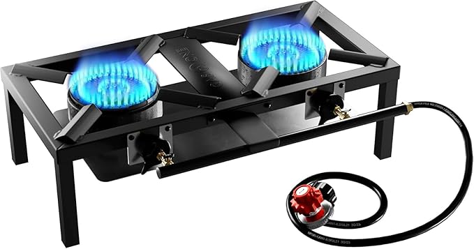 GasOne High Pressure Double Propane Burner - Outdoor Cooking with Heat Shield and Guard ??Propane Burner Head for Camping, Tailgating, Seafood Boil, Home Brewing - Patent Pending