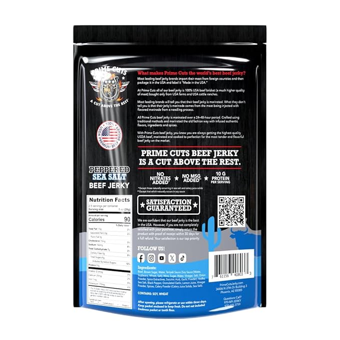 Prime Cuts Peppered Sea Salt Beef Jerky | USDA Prime Brisket | Classic Black Pepper and Sea Salt Flavor | High-Protein, Low-Fat Snack | No Artificial Ingredients | Perfect Anytime