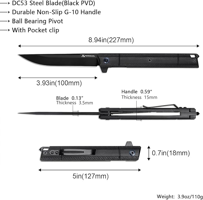 Flipper Pocket Folding Knife,DC53 Steel Blade and G10 Handle. With pocket clip and glass breaker,men's pocket knife hiking trip EDC tool Knife (Black PVD Blade-D)