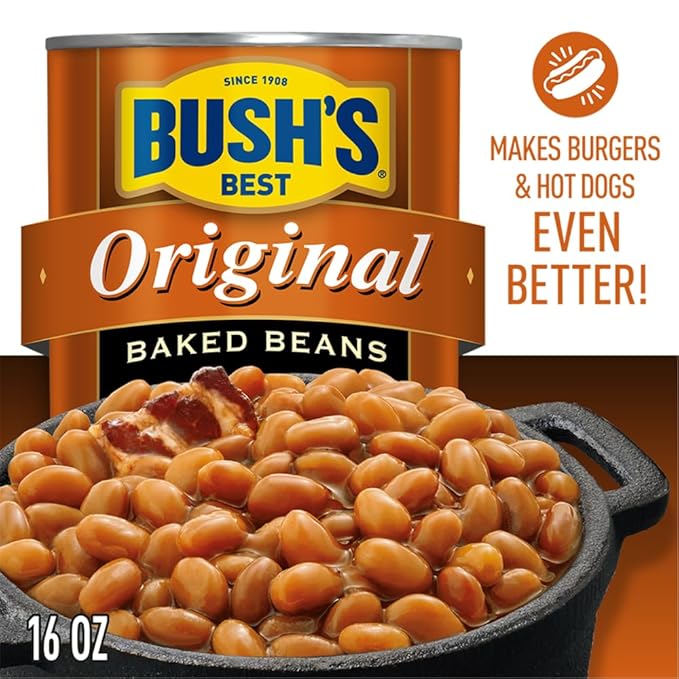 BUSH'S BEST 16 oz Canned Original Baked Beans, Source of Plant Based Protein and Fiber, Low Fat, Gluten Free, (Pack of 12)