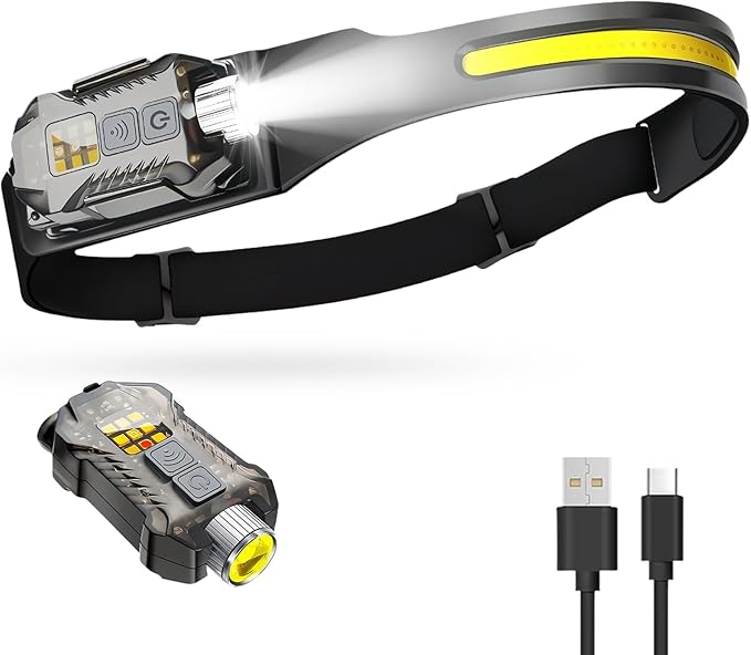Victoper 2in1 Rechargeable Headlamp, 230° Wide Beam LED Head Lamp with Detachable Flashlight Motion Sensor for Adults, Waterproof Magnetic Black Light for Hiking, Running, Fishing (Black, 1 Pack)