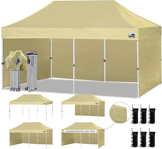 Eurmax USA 10'x20' Pop-up Canopy Tent Commercial Instant Canopies with 4 Removable Zipper End Side Walls and Roller Bag, Bonus 6 SandBags(Beige)