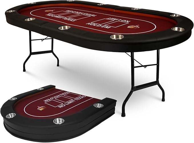 LUCKYERMORE Upgraded 10 Players Poker Table with Cup Holder, 91’’ Extra Large Folding Casino-Style Texas Game Poker Tables with Padded Rails, Red Felt Surface, Fully Assemble