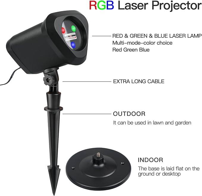 RGB Laser Christmas Lights - Indoor/Outdoor, 3 Colors, Multiple Patterns, Waterproof with Remote - for Holiday Decor
