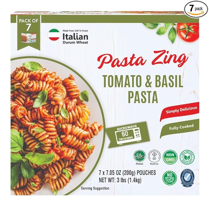 Pasta Zing Tomato & Basil Pasta, Pack of 7, 7.05 Ounce | Ready To Eat in 60 Sec | Made with 100% Italian Durum Wheat | Natural Ingredients | Classic & Flavorful | Easy Meal & Side Dish