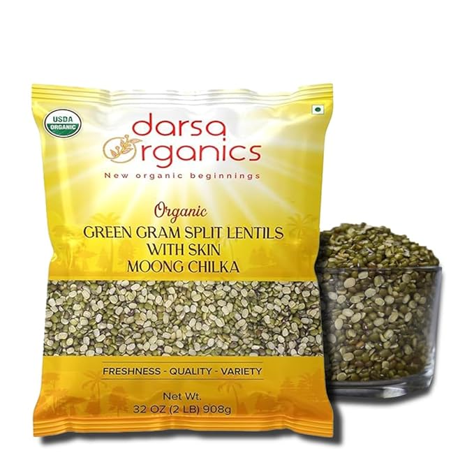 Darsa Organics Mung Split Lentils with Skin, Moong Dal with Skin 2 lb - USDA Organic Green Lentils, Non-GMO, Kosher, Chemical-Free, Protein Rich Organic Split Green Gram, Gluten-Free, Vegan