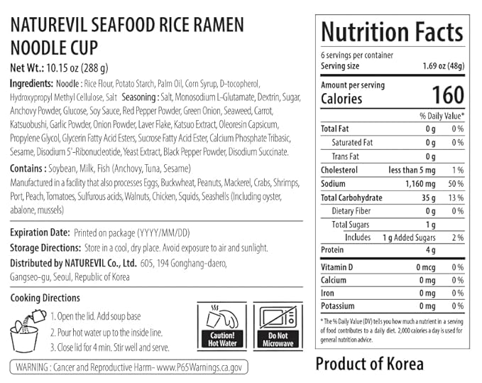 KFOOD Korean Food NATUREVIL Authentic Anchovy Seafood Cup Rice Noodle Instant Noodle Bowls, Anchovy Flavor Broth with Rice Noodles, Gluten-free, NON-GMO, No artifical additives 1.69oz (6 Pack, 10.16oz)