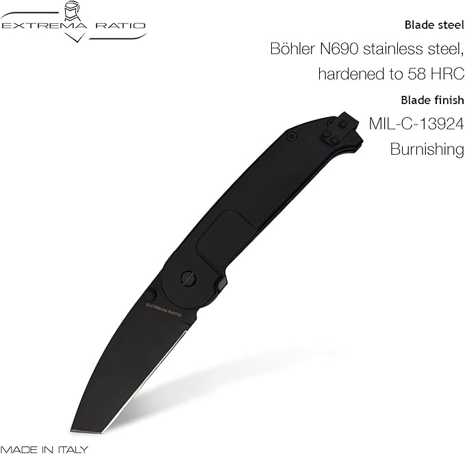 Extrema Ratio - BF2 CT (BLACK), Folding Knife, Böhler N690 steel blade hardened to 58 HRC, burnished finish, smooth anticorodal aluminum handle, dual guards, reversible clip, compact and durable
