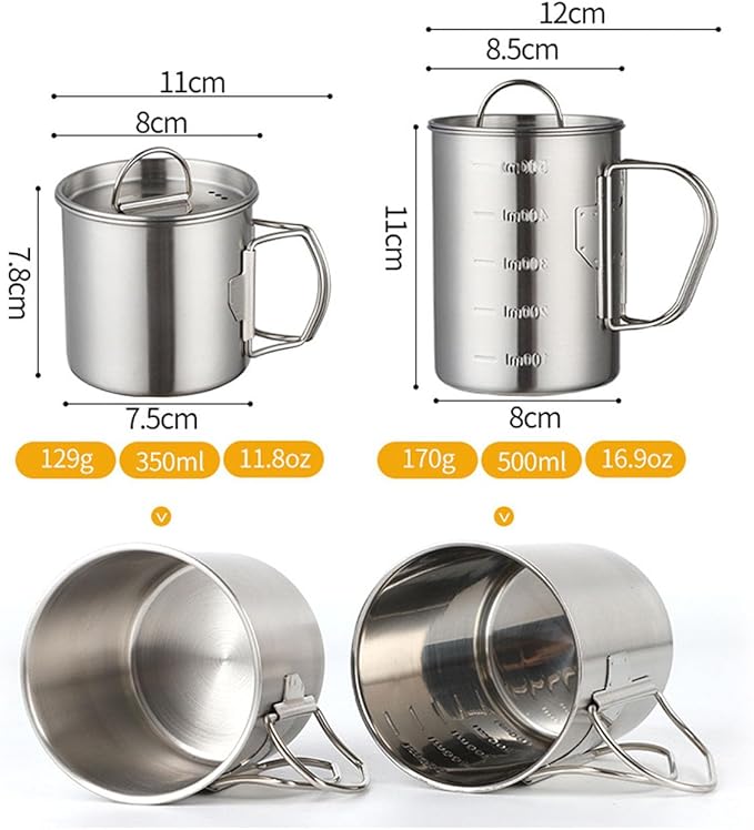 Stainless Steel Camping Cup, 17oz Fireproof Metal Cup with Lid and Foldable Handle, High Temperature Direct Heating, Great for Backpacking