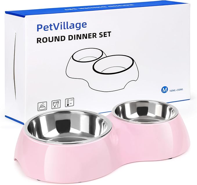 Double Dog Bowls Set ??Non-Slip Pet Food & Water Dishes with Resin Stand, Includes Small (1 Cup) & Medium (2 Cups) Bowls ??Ideal for Puppies, Cats, and Medium Dogs ??Pink