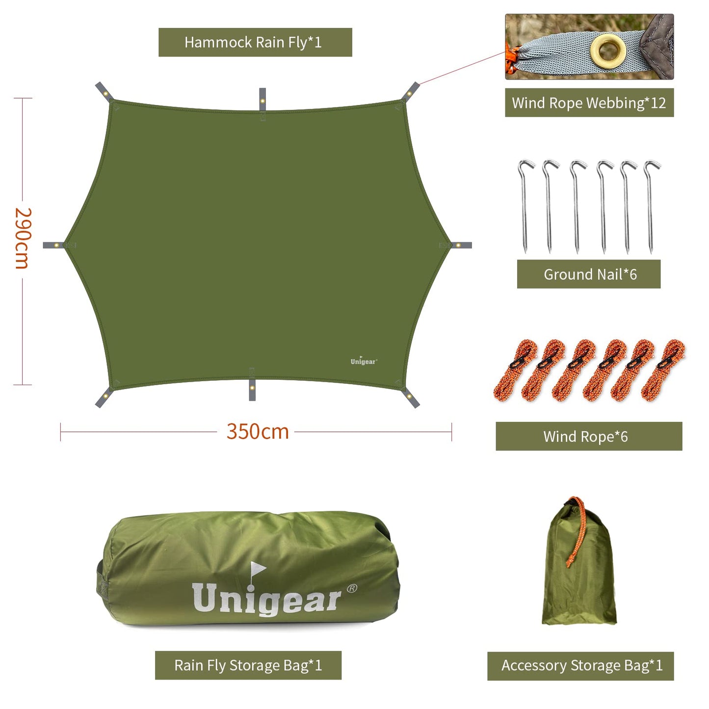 Unigear Hexagon Hammock Rain Fly Waterproof Camping Tarp 12x10-15x14FT