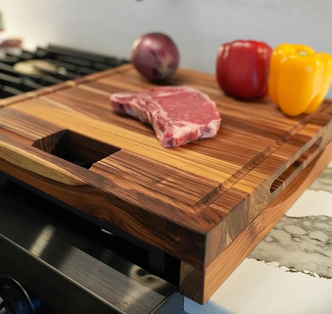 EcoDecors, Teak Edge Grain Cutting Board 17"x18", Solid FSC Teak Wood Butcher Block with Juice Groove, Waste Slot & Handles, Wooden Cutting Board for Kitchen, Carving & Stove-Top Prep
