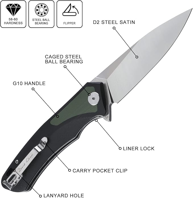 Petrified fish PF838 3.74" D2 steel folding knife outdoor tactical pocket knives G10 handle camping hunting Cutter EDC tool (Green, satin)