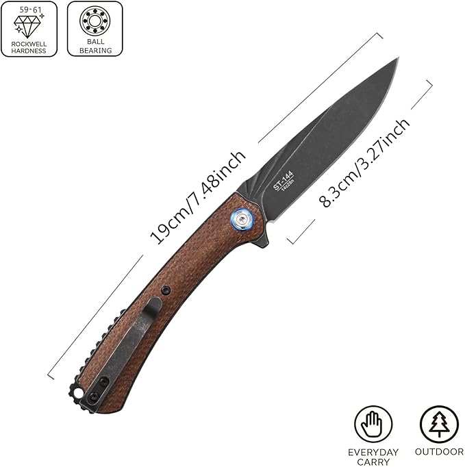 Sitivien ST144 Folding Knife,Black Stonewashed 14C28N Steel Blade,Micarta Handle Pocket Knife for Outdoor EDC Camping,Survival,Hiking,Fishing(Brown)