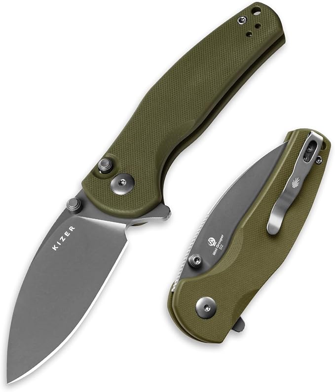 Kizer Mini Grouper Folding Pocket Knife, 3.16??D2 Blade G10 Handle Camping Folding Knife, Button Liner Lock EDC Knife with Pocket Clip for Men Women Gift, Hunting Hiking Survival Knives V3669A3