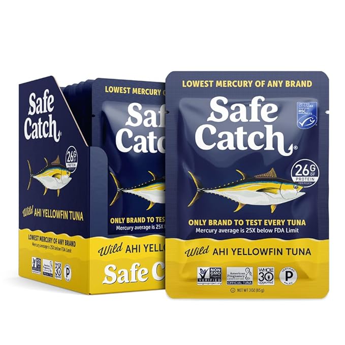 Safe Catch Wild Ahi Yellowfin Tuna Fish Pouches, Wild Caught, Lowest Mercury, Lean Protein, Omega 3, Gluten-Free, Kosher, Pack of 12
