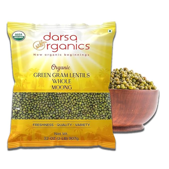 Darsa Organics Whole Green Moong (Mung) Bean Lentils 2 lb ??USDA Organic, Non-GMO, Kosher, Gluten-Free | Protein & Fiber Rich | Perfect for Sprouting, Soups & Salads