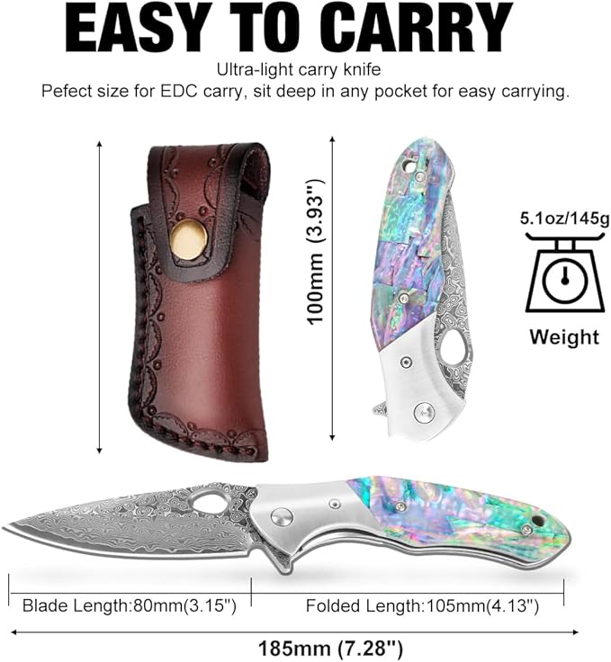 Cottonbell Damascus Pocket Knife Folding Knife for Men Women Unique Rainbow Abalone Shell Handle, with Sharp VG10 Core Damascus Steel Knife for Outdoor Camping Fishing Hiking Hunting Gift