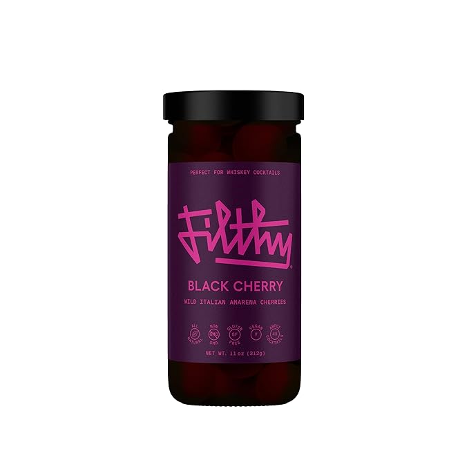 Filthy Cocktail Amarena Black Cherries, Premium Cocktail Garnish, All Natural Wild Italian Amarena Black Cherry, Non-GMO, Gluten Free, Vegan, Slow-Cooked, 11 Oz Jar, 45 Cherries