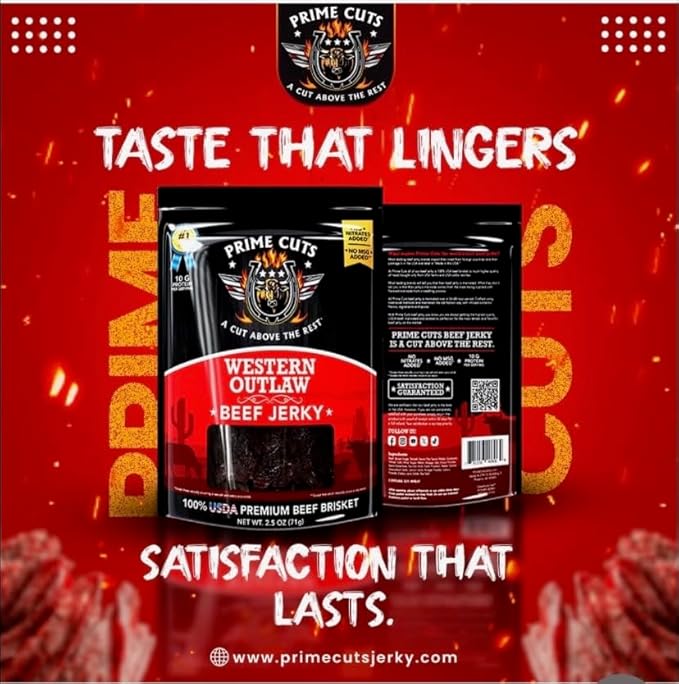 Prime Cuts Western Outlaw Beef Jerky | USDA Prime Brisket | Smoky Cowboy-Style Flavor | High-Protein, Low-Fat Snack | Crafted for Adventure | Authentic Taste of the American Frontier