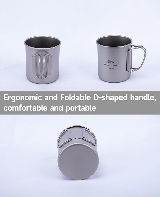 iClimb Titanium Cup Camping Coffee Mug Ultralight Compact with Foldable Handle (300ml)