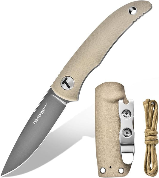 TONIFE Nova 2.68'' Blade Mini Neck Knife Full Tang Fixed Blade Knife with Kydex Sheath and Adjustable Paracord Lanyard for Camping Outdoor Survival Tool (Warm Sand+Gray Titanium)