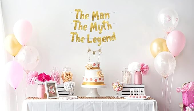 The Man The Myth The Legend Gold Glitter Banner – Men’s Birthday, Bachelor Party, Retirement Party Supplies, Gifts and Decorations