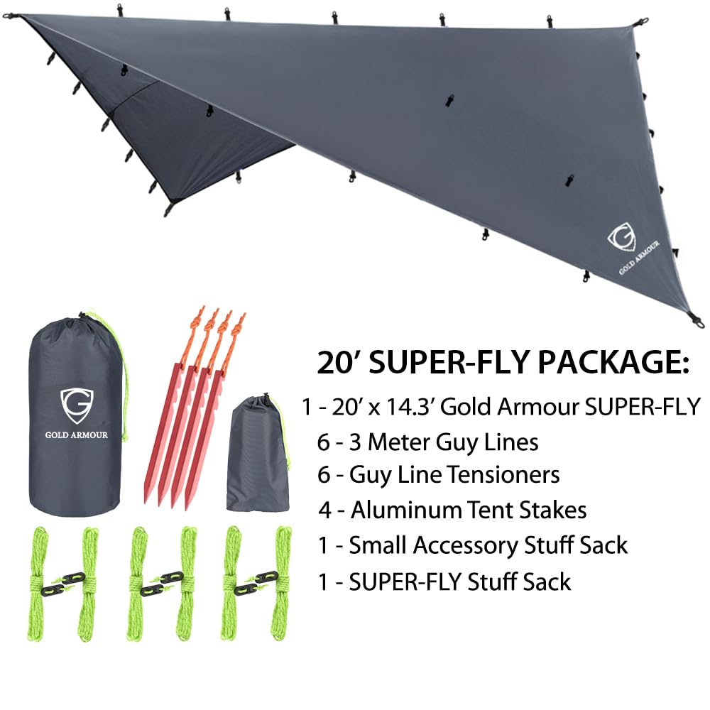 Gold Armour Rainfly Tarp Hammock, Premium 20ft x 14.3ft Rain Fly Cover, Waterproof Ultralight