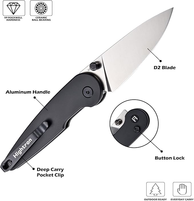 Hightron Birdidi Folding Knife, 2.91" Drop-Point D2 Blade Aluminum Handle, Pocket Knife with Pocket Clip for Camping Survival Hiking Button Lock Knives for Men Women Black-W