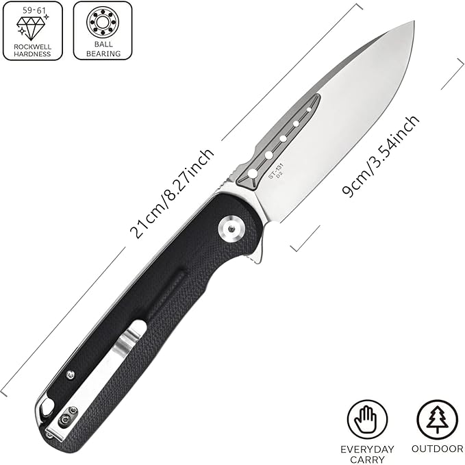 Sitivien ST131 Folding Knife,D2 Blade G10 Handle EDC Tool Knife with Liner Lock for Outdoor Camping Hiking Fishing(Black)
