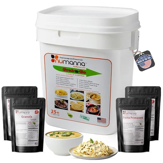 Numanna Grab-n-Go Bucket ??80 Servings, 12 lbs | Freeze-Dried Premade Meals | Ready-to-Eat Breakfast & Dinner | Non-Perishable, 25+ Year Shelf Life | Emergency & Survival Food Kit | Made in USA | Pack of 1