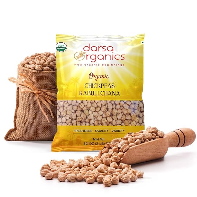 Darsa Organics Chickpeas (Garbanzo Beans) 2 lb | Kabuli Chana Dal | USDA Organic, Non-GMO, Kosher | Protein & Fiber Rich | Great for Hummus, Curries, Stews & Salads