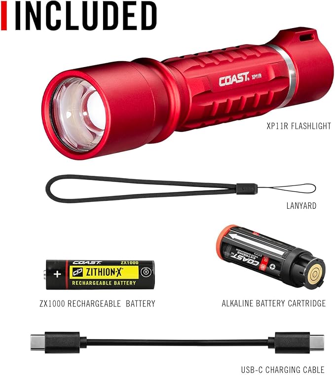 Coast XP11R 2600 Lumen USB-C Rechargeable LED Flashlight with Slide Focus®?¯and Pure Beam® Focusing Optic, 4 Light Modes, Red
