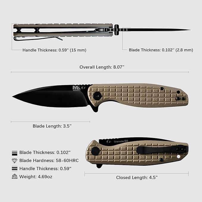 Folding Knife – 3.5-inch D2 Steel Folding Pocket Knife, G10 Handle, One-Handed Opening and Closing, Ceramic Ball Bearings, Deep Pocket Clip, Suitable for Outdoor, EDC (brown)