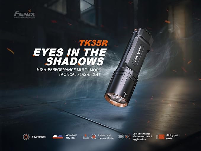 Fenix TK35R 5800 Lumen Tactical Flashlight with UV Light, USB-C Rechargeable High Lumen Long Range with Lumentac Organizer