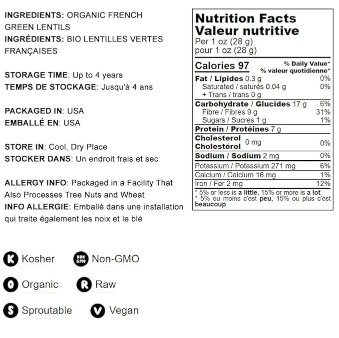 Food to Live Organic French Green Lentils, 20 Pounds ??Non-GMO, Whole Dry Beans, Raw, Sproutable, Vegan, Kosher. Rich in Folate, Fiber, and Plant-Based Protein. Great for Soups, Chili and Curries