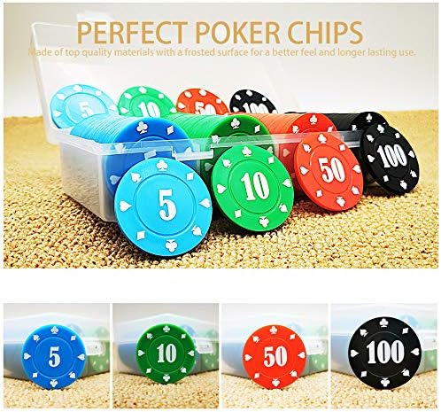 400 Plastic Poker Chips with Storage Box Set,Denomination Printed Casino Style Chip for Texas Home Game Holdem Poker Nights,Blackjack,Roulette Games,Casino Parties