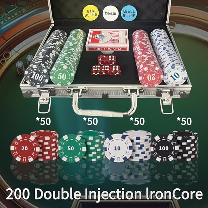 Poker Chips with face Value, 200 11.5 g Weighted Digital Casino Chips Set, 5 dice, 2 Decks of Cards, with Compact Aluminum case, for Texas Hold'em, Blackjack, Ages 8 and up